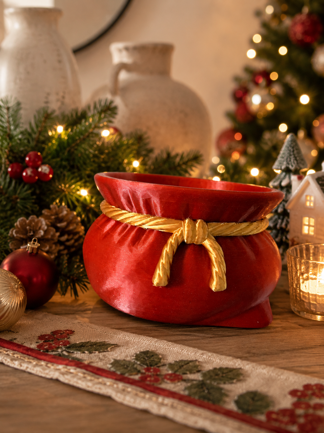 Red sparkle Santa's Sack Bowl 3D printed holiday candy bowl with golden bow in a Christmas decor scene