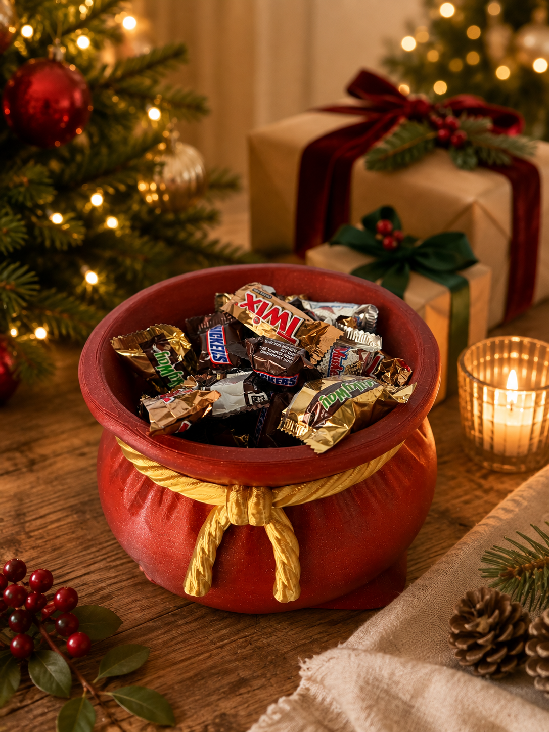 Red silk Santa's Sack Bowl filled with wrapped holiday candies beside Christmas decorations