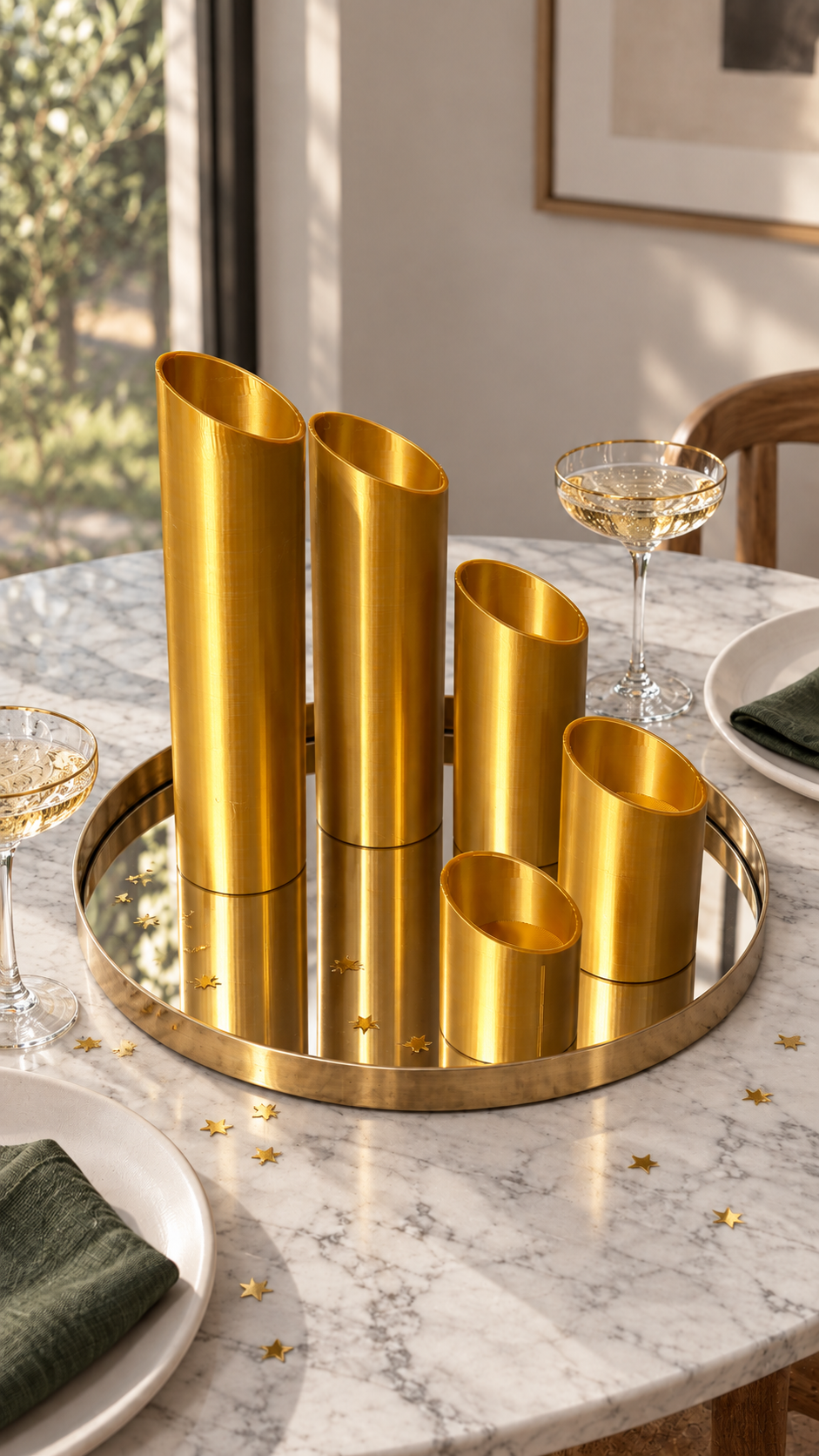 Gold Tiered Flameless Candle Holder Set of 6 — Six tiered gold candle holders for flameless LED tea lights, a glowing centerpiece for any table or occasion.