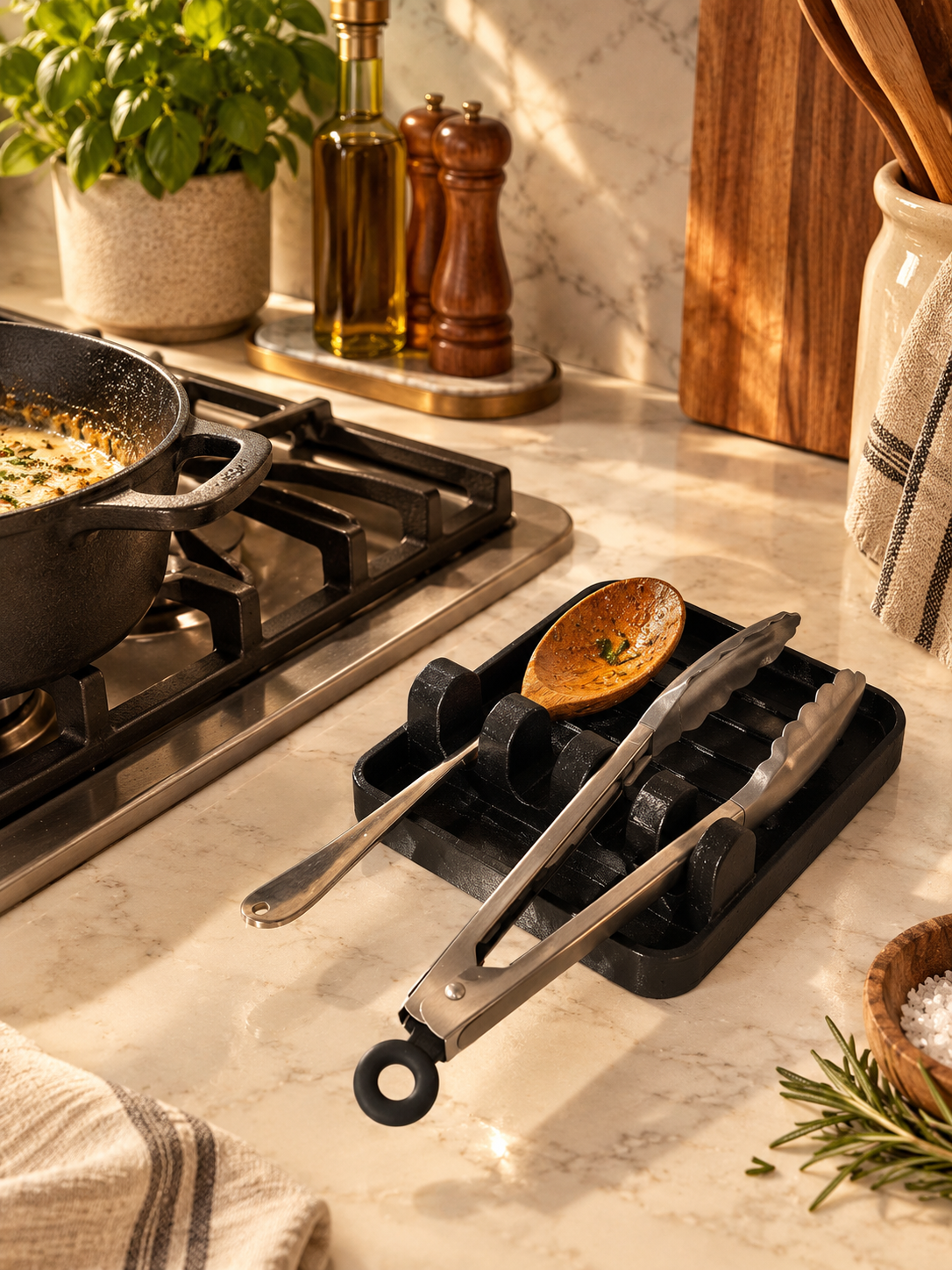 Stir & Rest utensil tray in black PETG on a marble kitchen counter catching sauce drips next to the stove