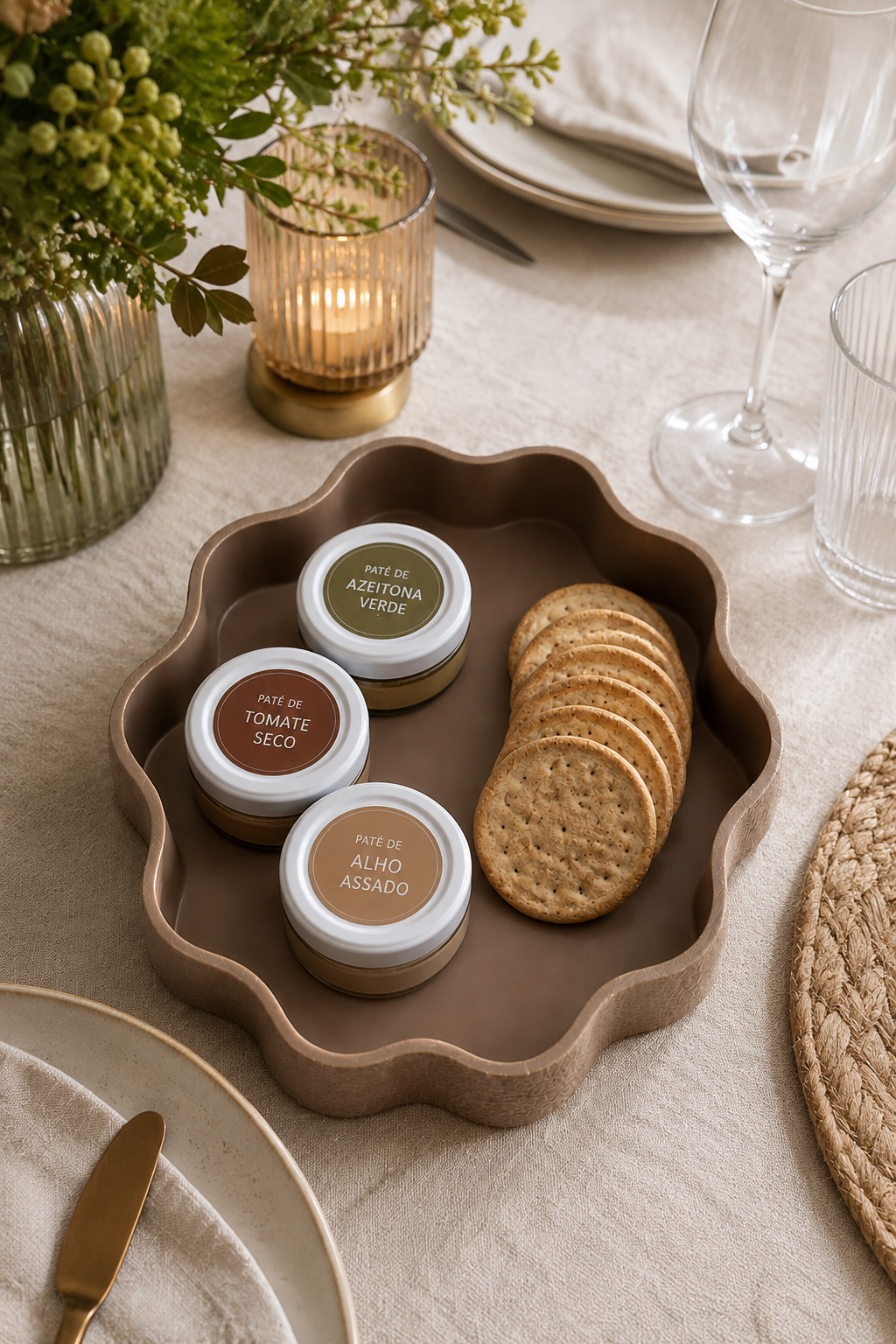 White Ripple Tray 3D printed serving tray with pâté jars and crackers on a set dining table