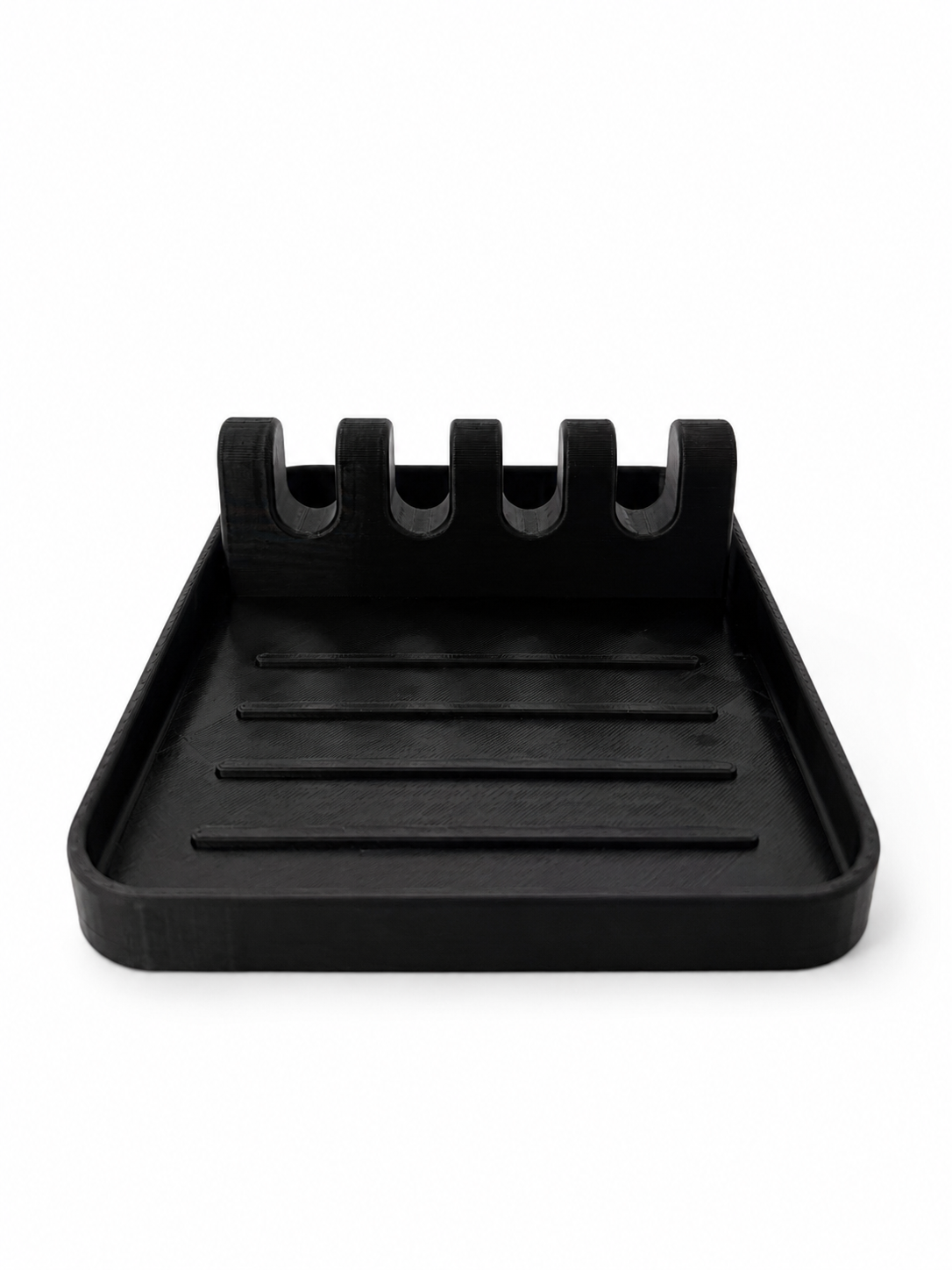 Stir & Rest black PETG spoon rest tray, 3D printed kitchen organizer seen from the front