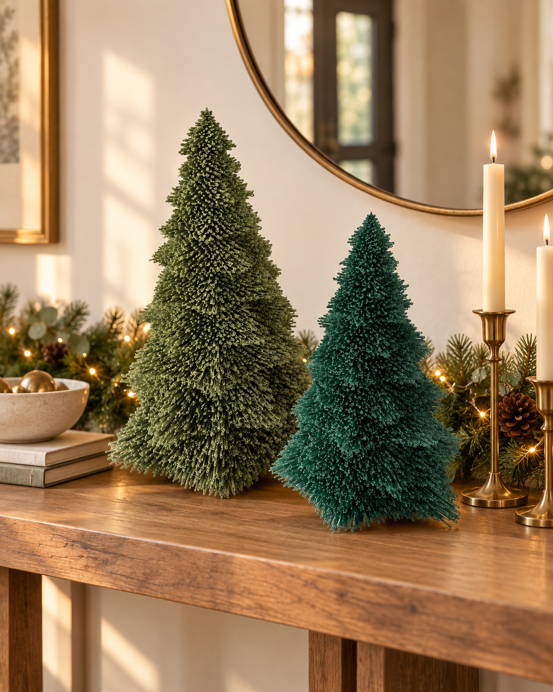 Tabletop Pine Tree duo on a console table with mirror and candles, 3D printed holiday decor for the home