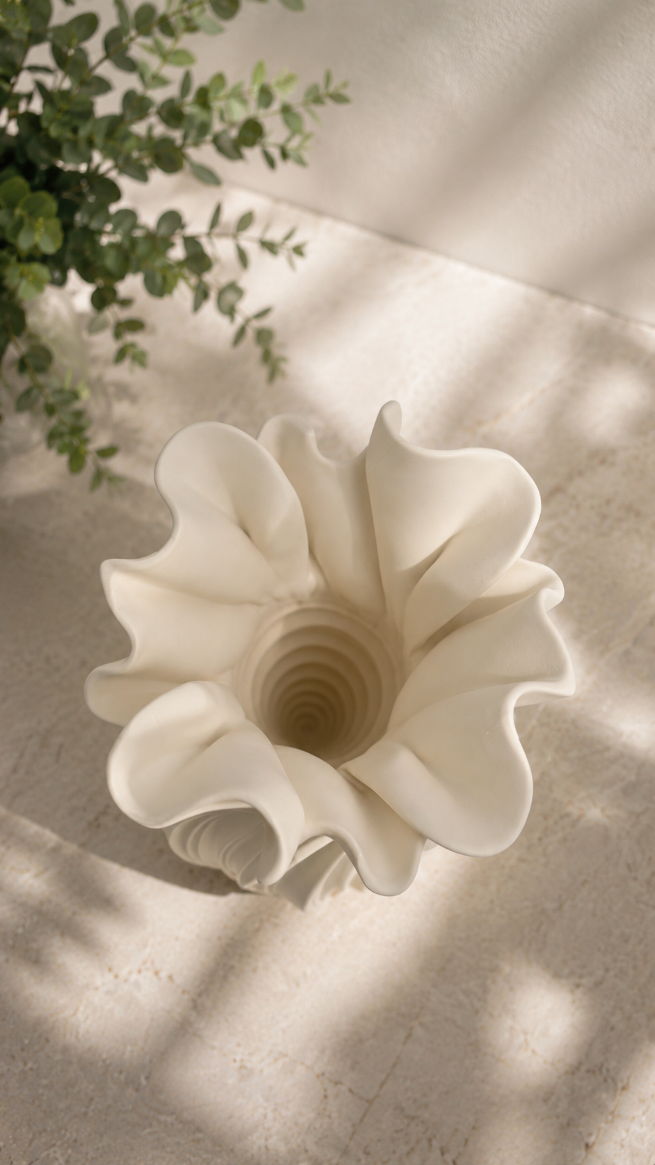 Top view of the white Wave Vase showing the spiral 3D printed texture