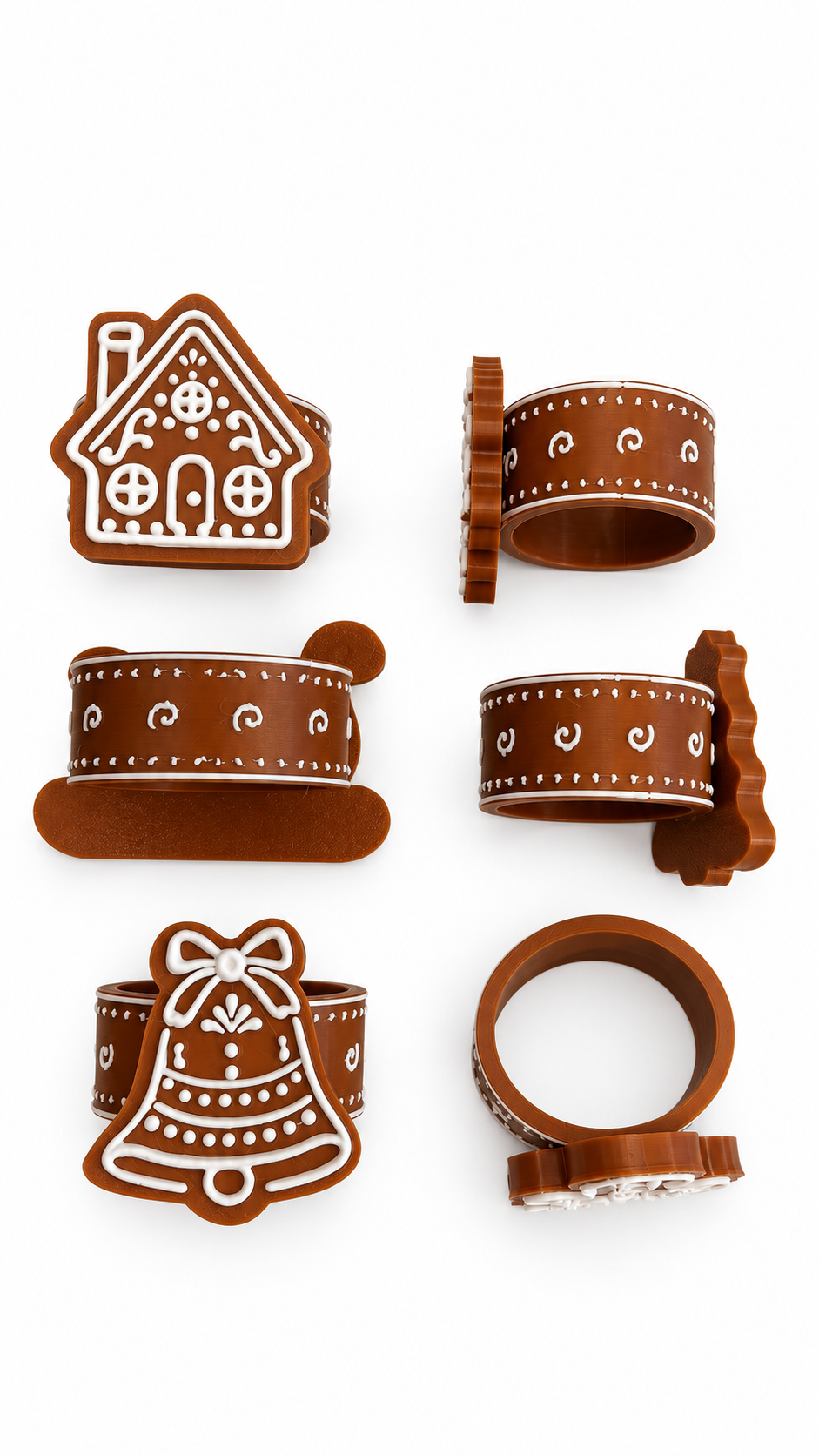 Gingerbread Napkin Ring Set — Six hand-detailed gingerbread-style napkin rings, no two the same — a sweet finishing touch for your holiday table.