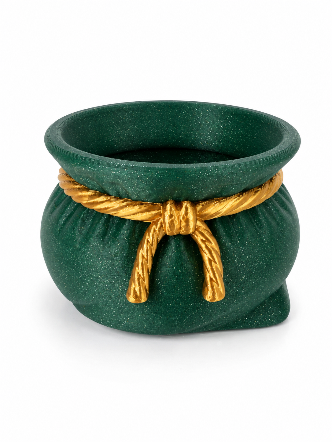Studio shot of the green Santa's Sack Bowl, 3D printed holiday treat bowl on a white background