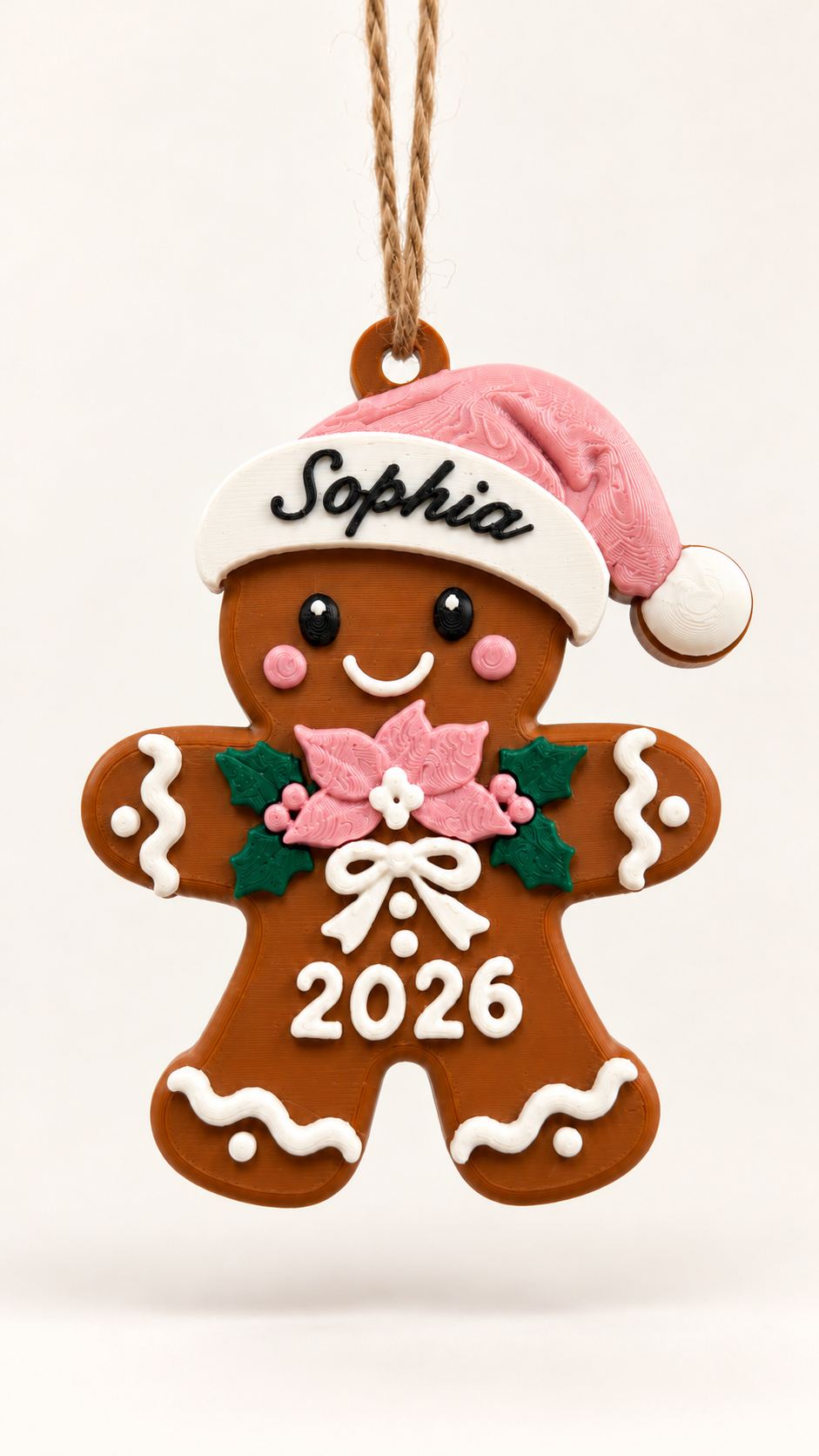 Personalized gingerbread man Christmas ornament with pink Santa hat, custom name and 2026 detail on a cream background
