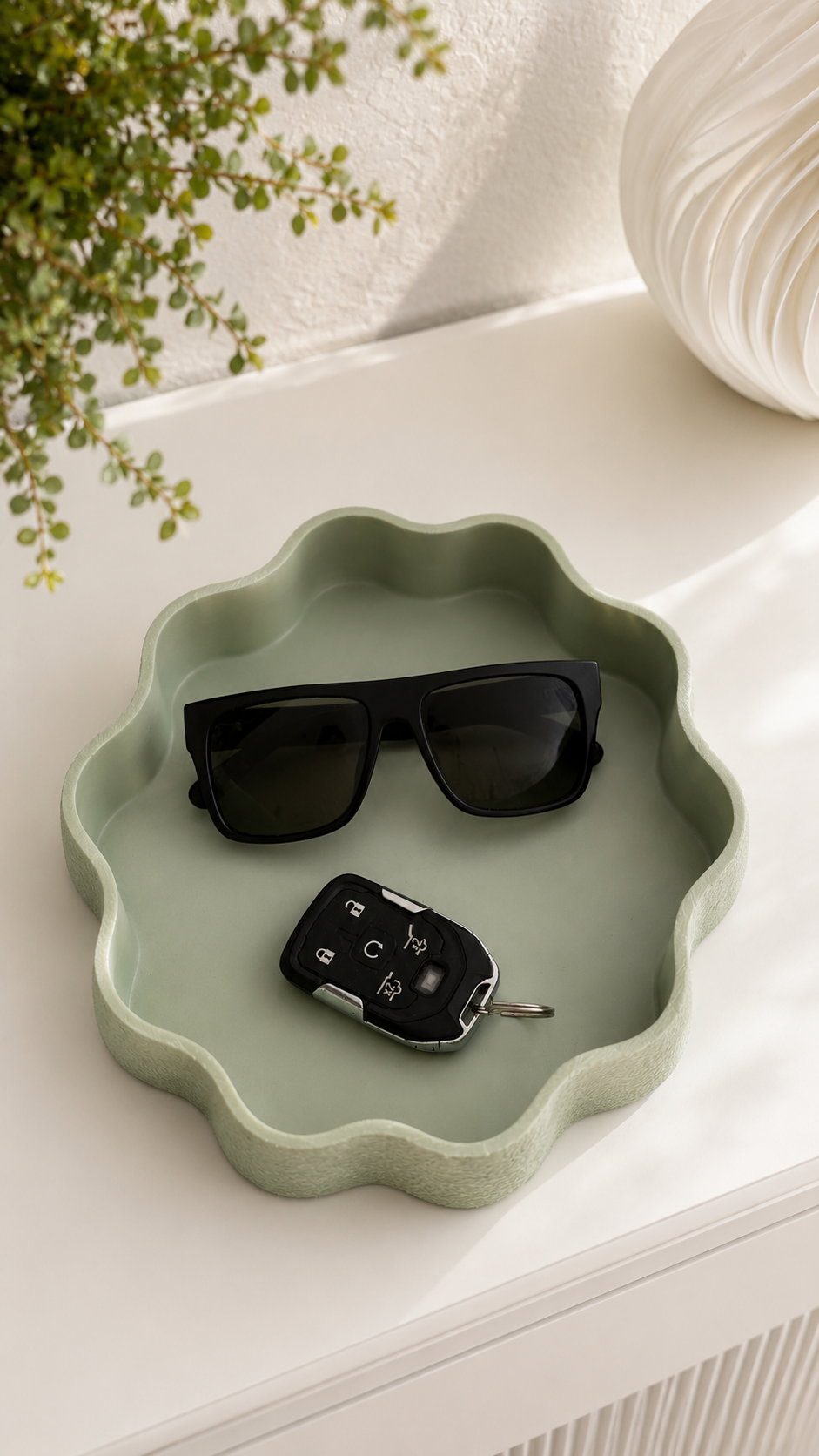 Sage green Ripple Tray 3D printed decor tray holding sunglasses and car keys for tidy entryway organization