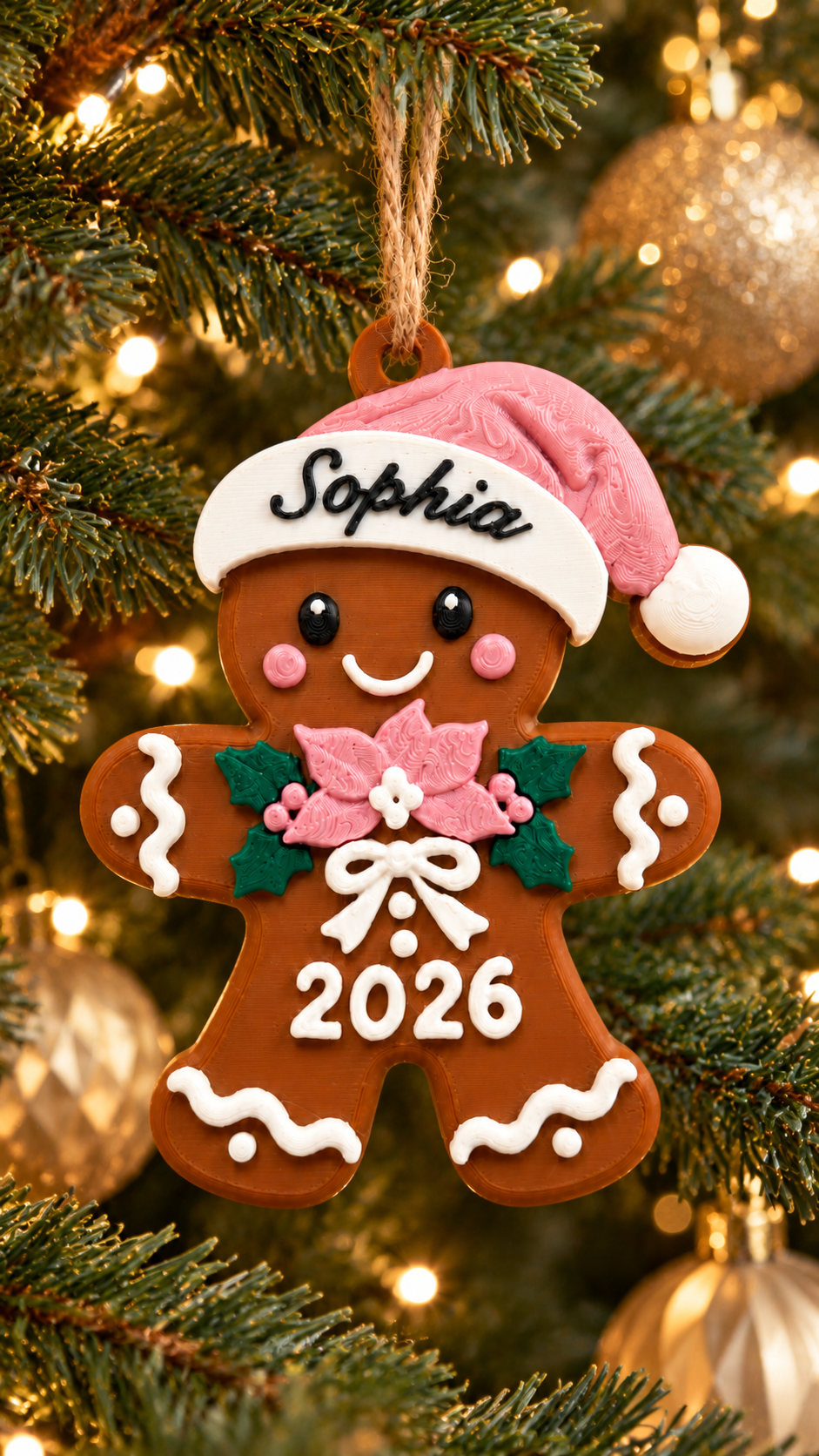 Personalized gingerbread ornament with pink Santa hat and custom name hanging on a decorated Christmas tree