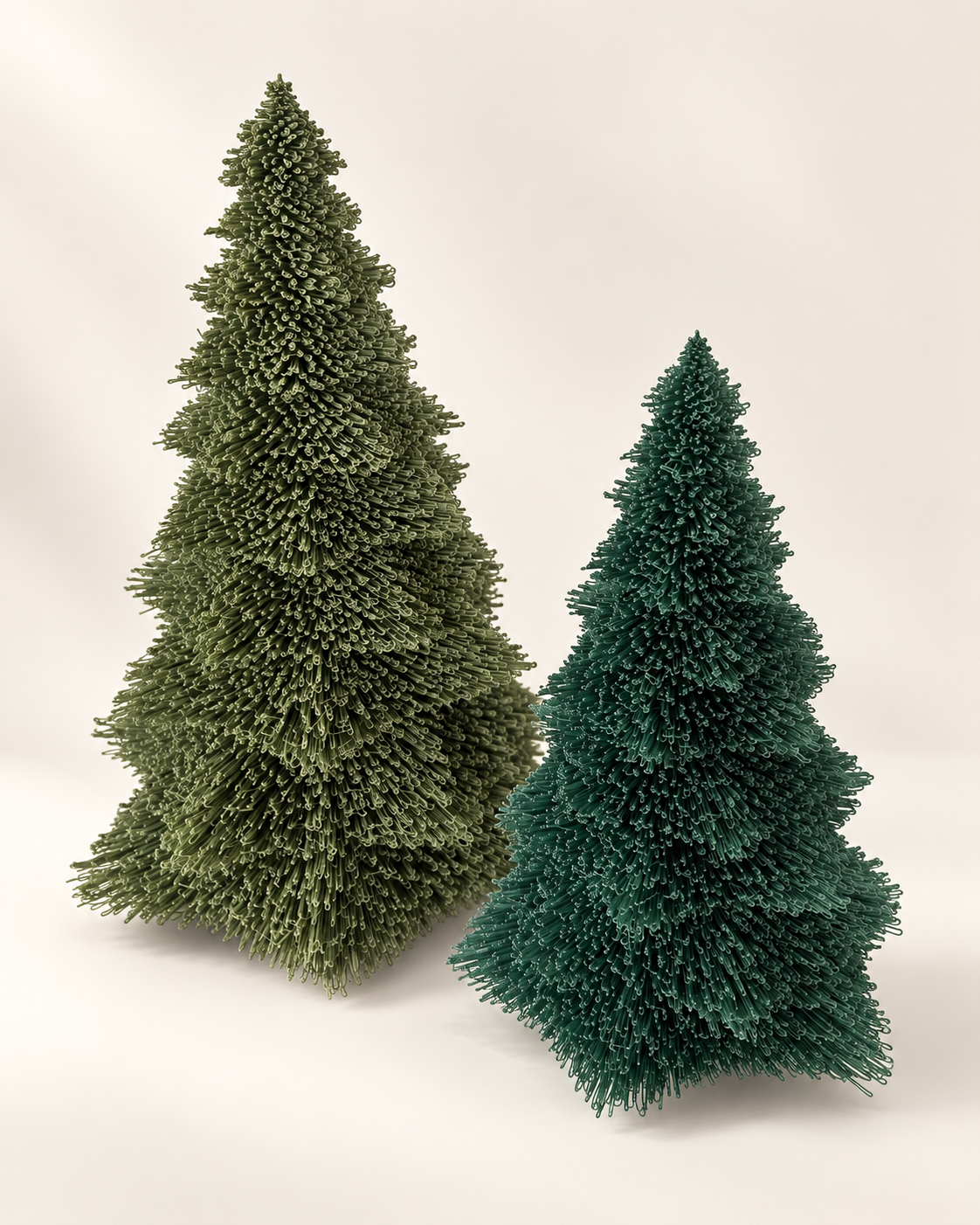 Small and large Tabletop Pine Trees side by side, olive and forest green 3D printed Christmas trees