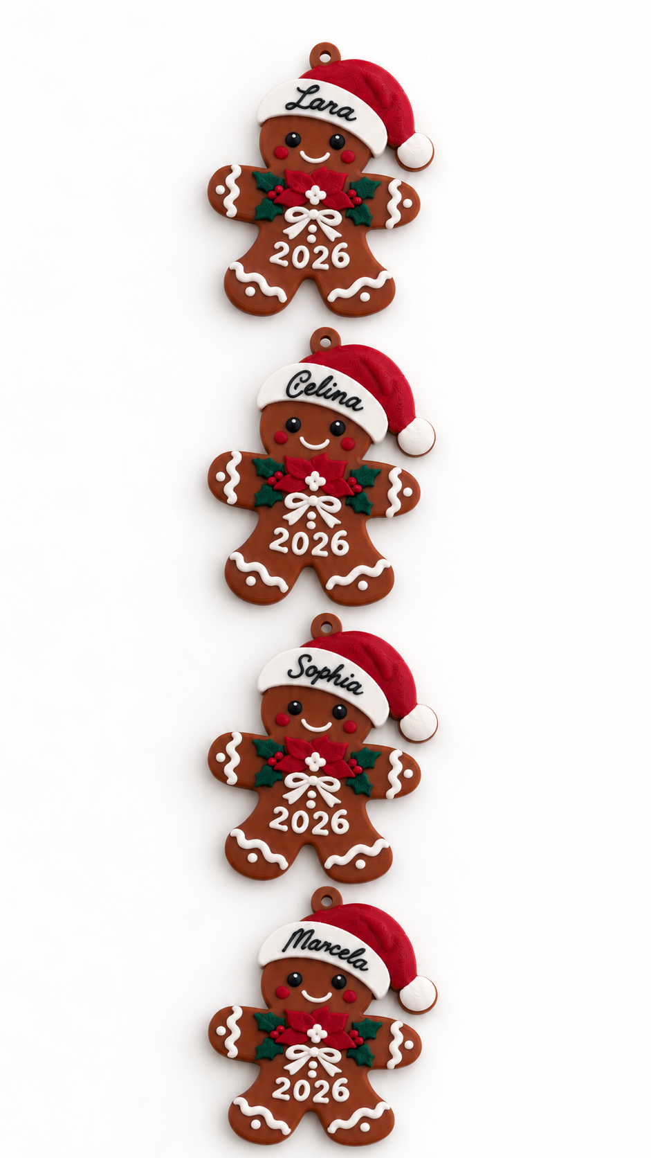 Four personalized gingerbread ornaments with red Santa hats, each with a different custom name, 3D printed Christmas decor