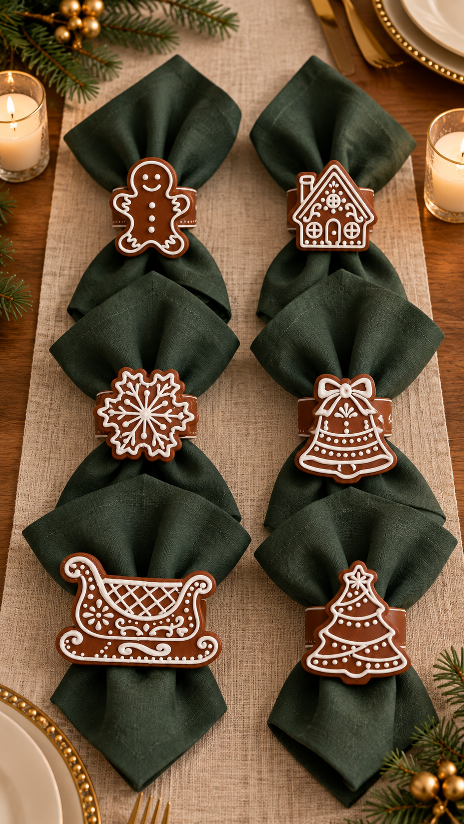 Gingerbread Napkin Ring Set — Six hand-detailed gingerbread-style napkin rings, no two the same — a sweet finishing touch for your holiday table.
