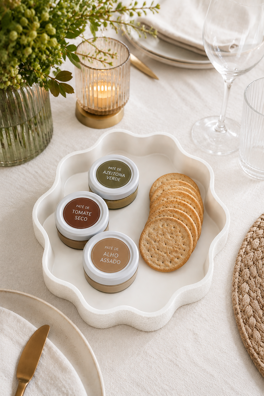 Brown Ripple Tray 3D printed serving tray holding pâté jars and crackers on a set dining table