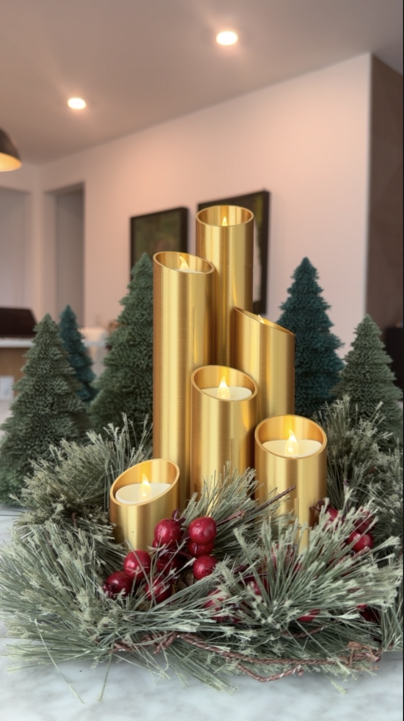 Gold Tiered Flameless Candle Holder Set of 6 — Six tiered gold candle holders for flameless LED tea lights, a glowing centerpiece for any table or occasion.