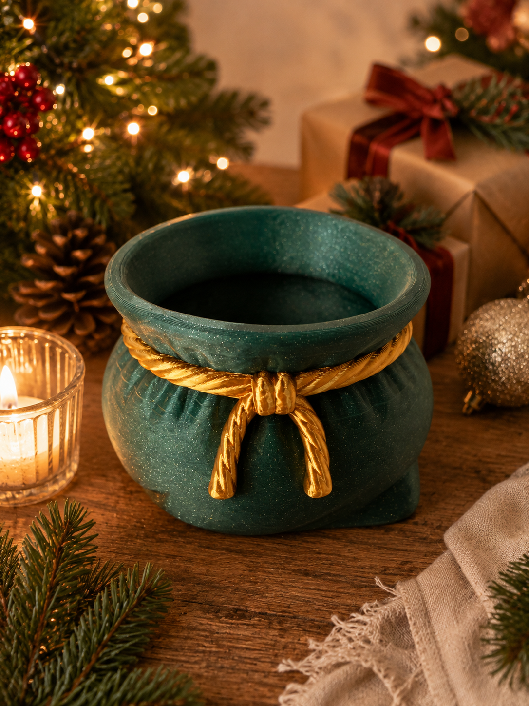 Green sparkle Santa's Sack Bowl 3D printed Christmas bowl styled in a festive holiday scene