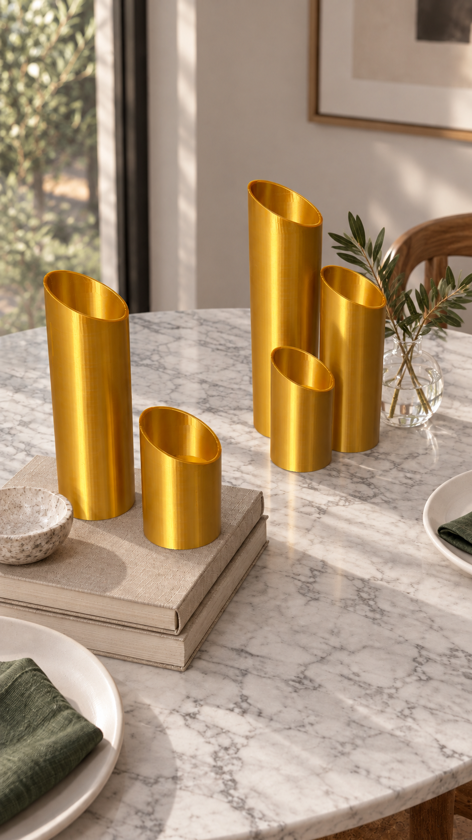 Gold Tiered Flameless Candle Holder Set of 6 — Six tiered gold candle holders for flameless LED tea lights, a glowing centerpiece for any table or occasion.