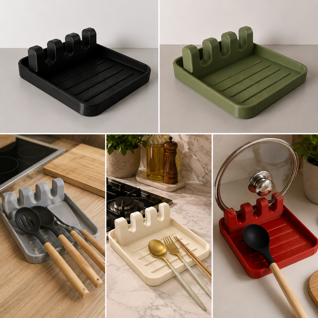 Stir & Rest PETG kitchen spoon rest in black, light gray, cream, moss green and red colour options