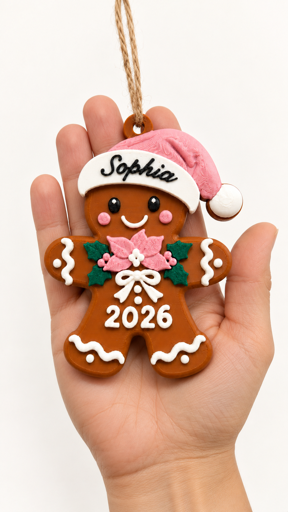 Hand holding the personalized gingerbread ornament showing its size, 3D printed Christmas keepsake with pink hat
