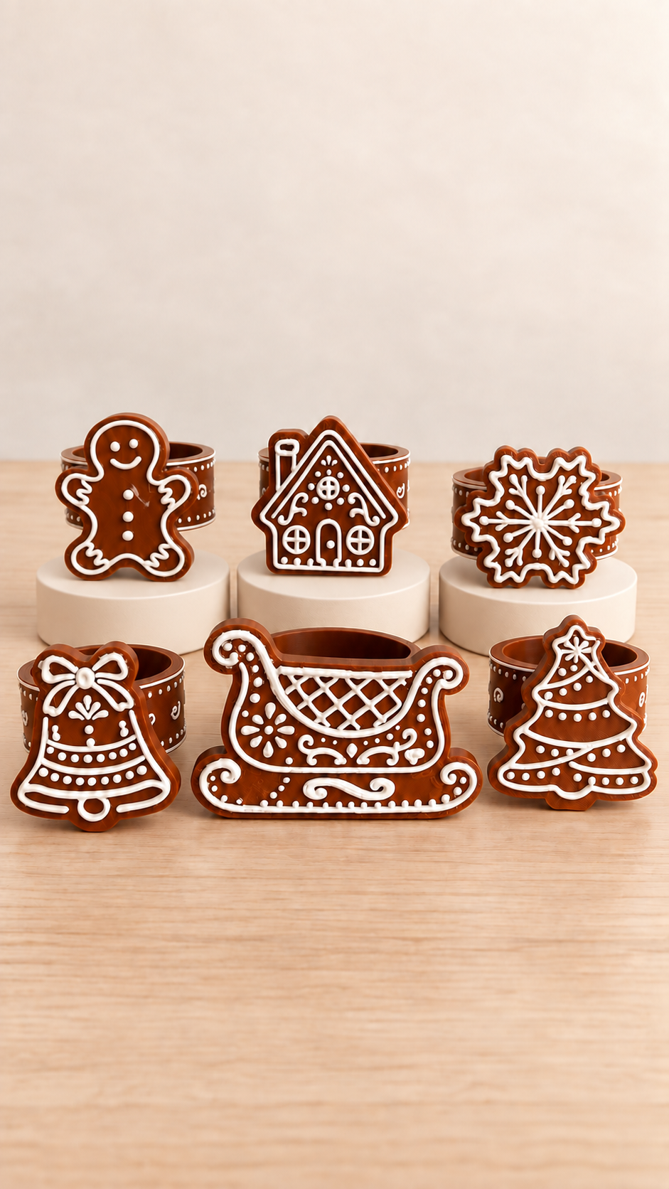 Gingerbread Napkin Ring Set — Six hand-detailed gingerbread-style napkin rings, no two the same — a sweet finishing touch for your holiday table.