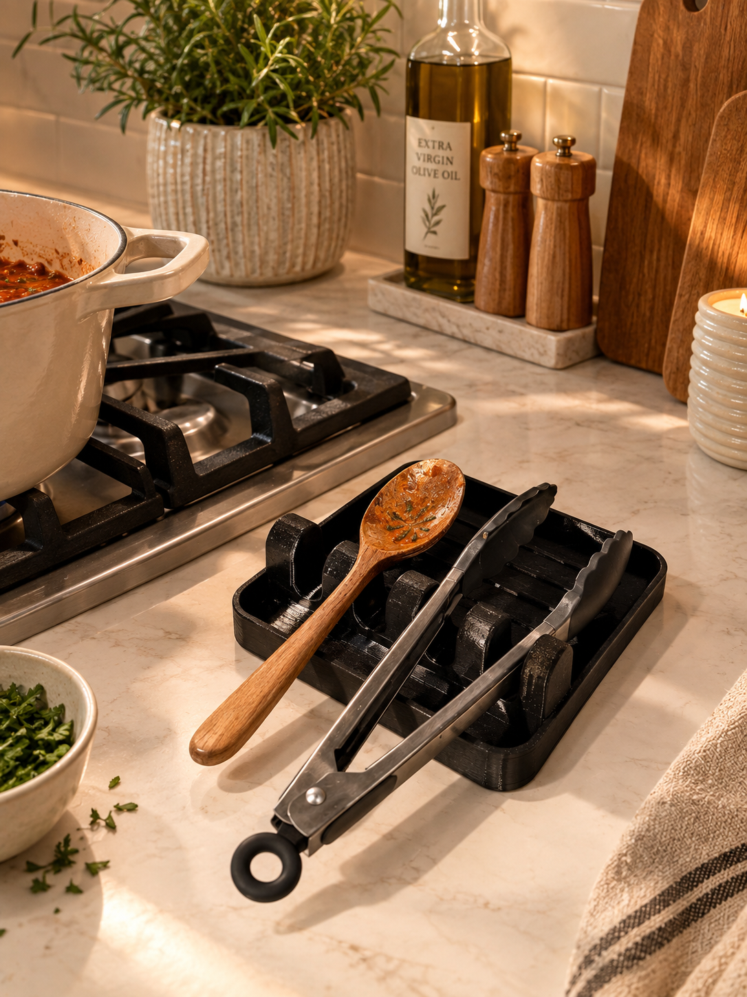 Black PETG Stir & Rest spoon rest beside the stovetop holding a wooden spoon and tongs in a tidy kitchen