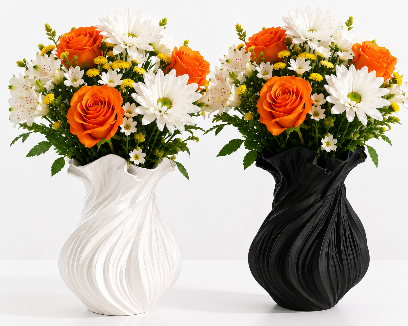 White and black Wave Vase side by side with fresh flowers, 3D printed decor for home and kids room organization