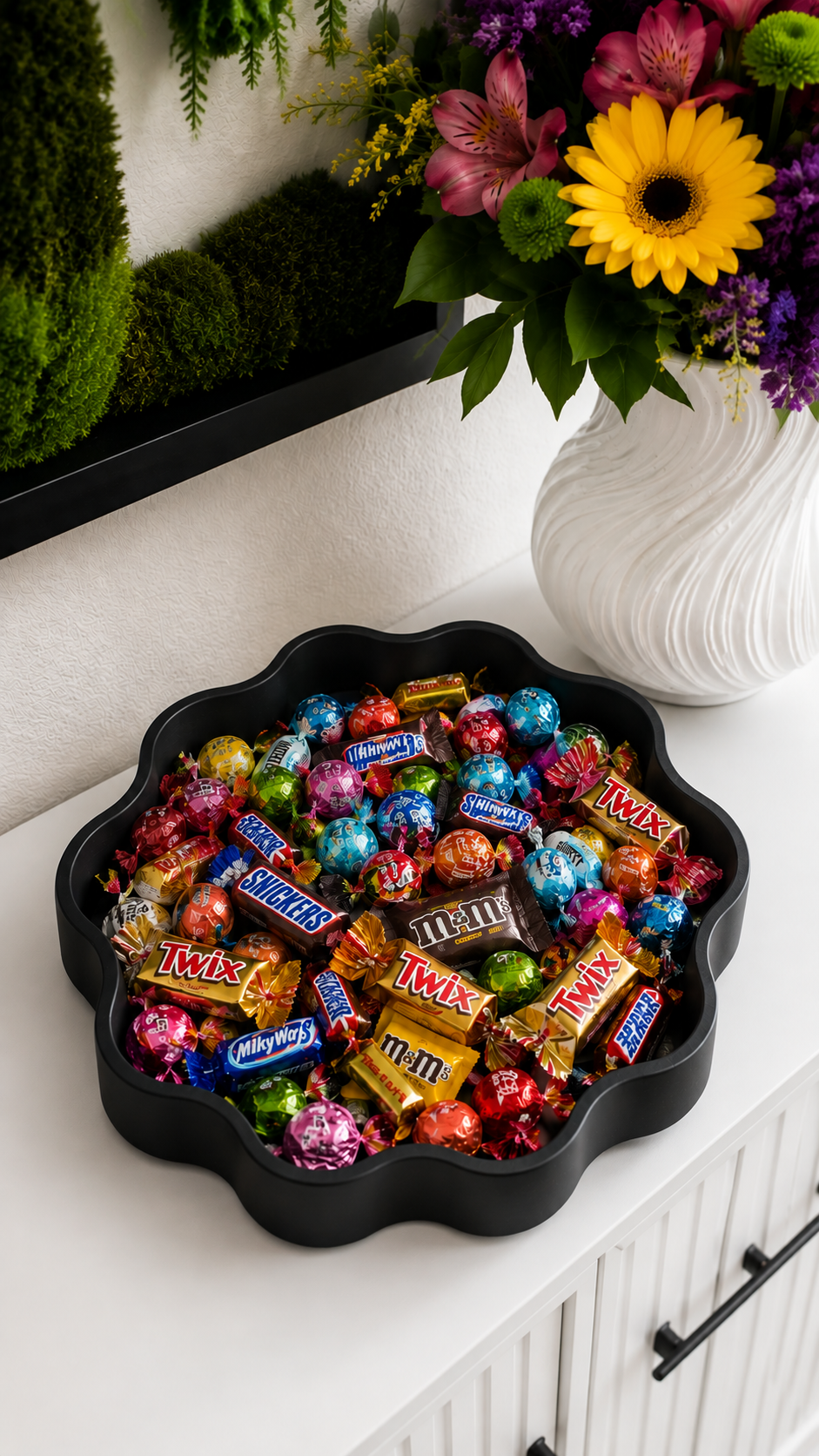 Matte black Ripple Tray filled with candy on a white sideboard, wavy 3D printed tray for home and kids room organization